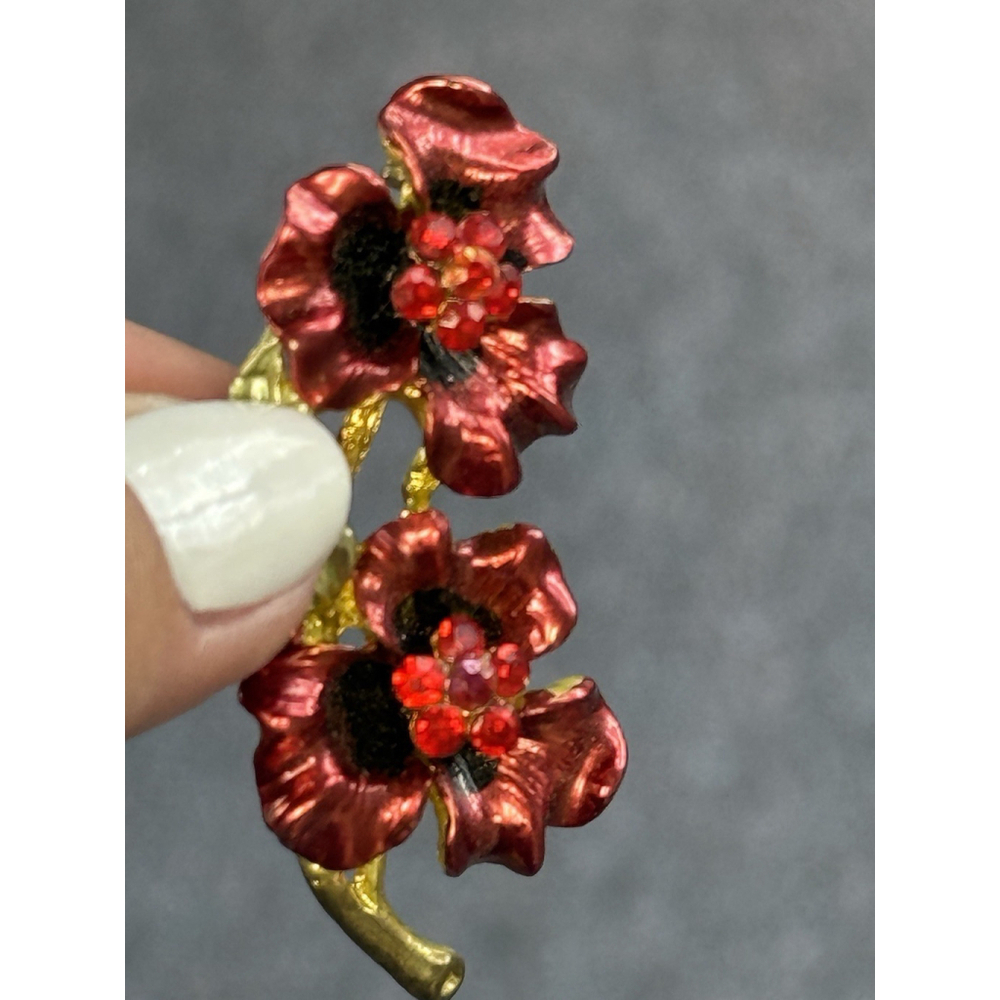 Vintage Enamel Red Rhinestone Flower Floral Jewelry Brooch Pin Good Toned - Picture 6 of 10